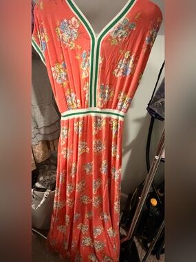 Matilda Jane Coral Floral Maxi with Green-Trim Waist